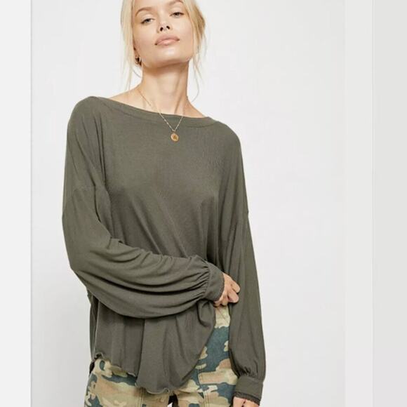 Free People Shimmy Shake Army Green Open Back Twist Lace Trim Long Sleeve Top - Picture 2 of 13